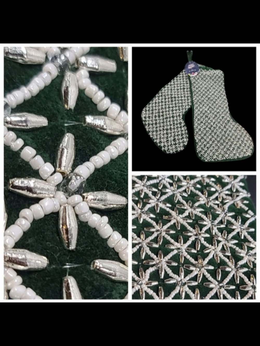 2 Piece Luxury Velvet Green Silver & White Shimmer Beaded Christmas Stocking Set